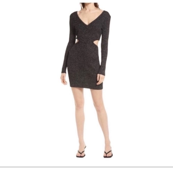 OPEN EDIT Sparkle Cutout Sweater Mini Dress Black/Silver Size Medium NEW - Picture 1 of 10